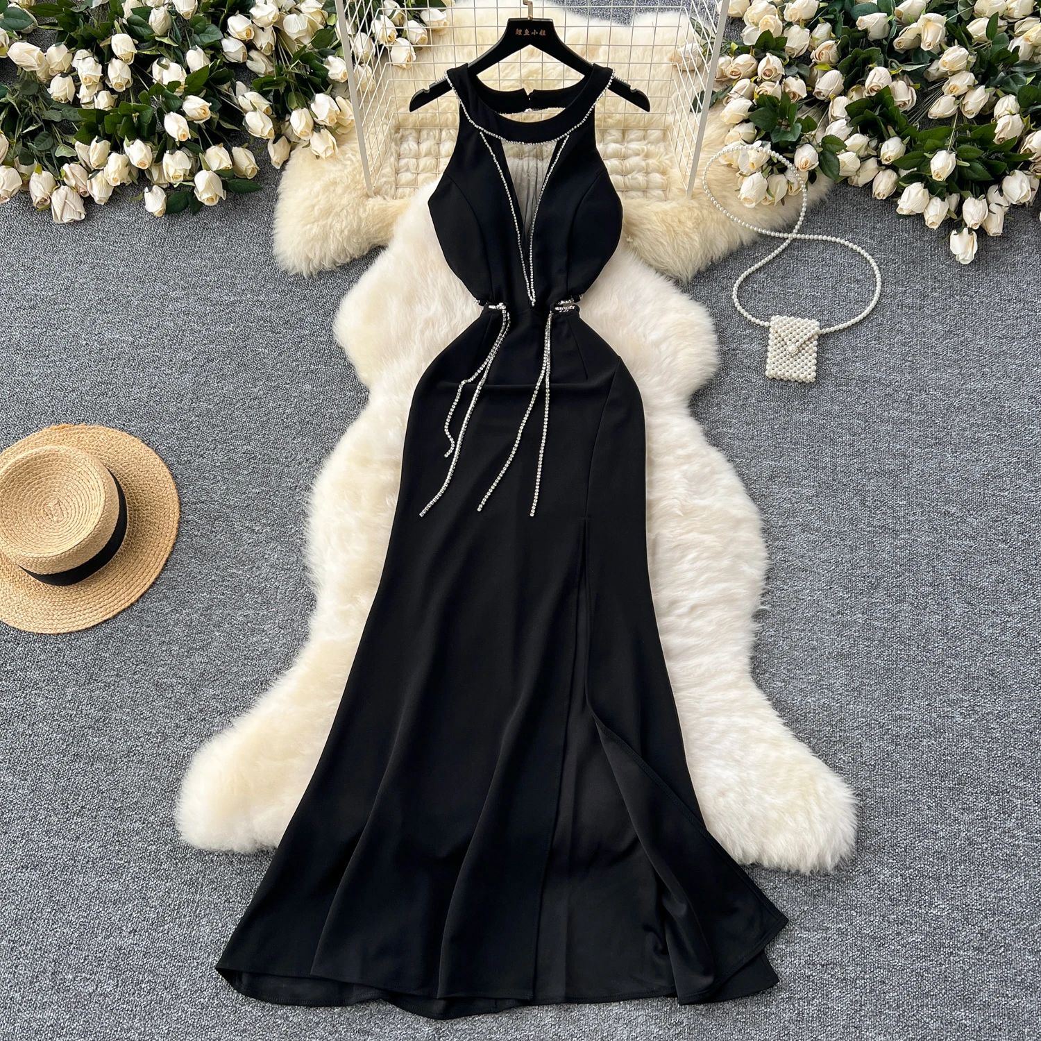 Lady Winter Velour Diamonds Split Long Mermaid Dress Women Senior Luxury Festival Holiday Evening Party Dinner Banquet Dresses