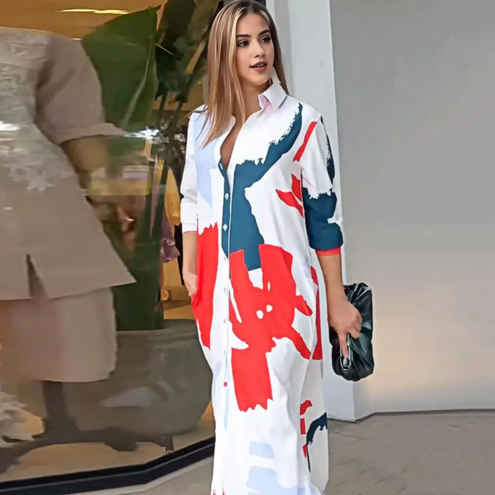 Women Casual Dress Colorblock Printing Loose Irregular Hem Maxi Dress Stylish Lady's Shirt-type Commute Vacation Attire Casual