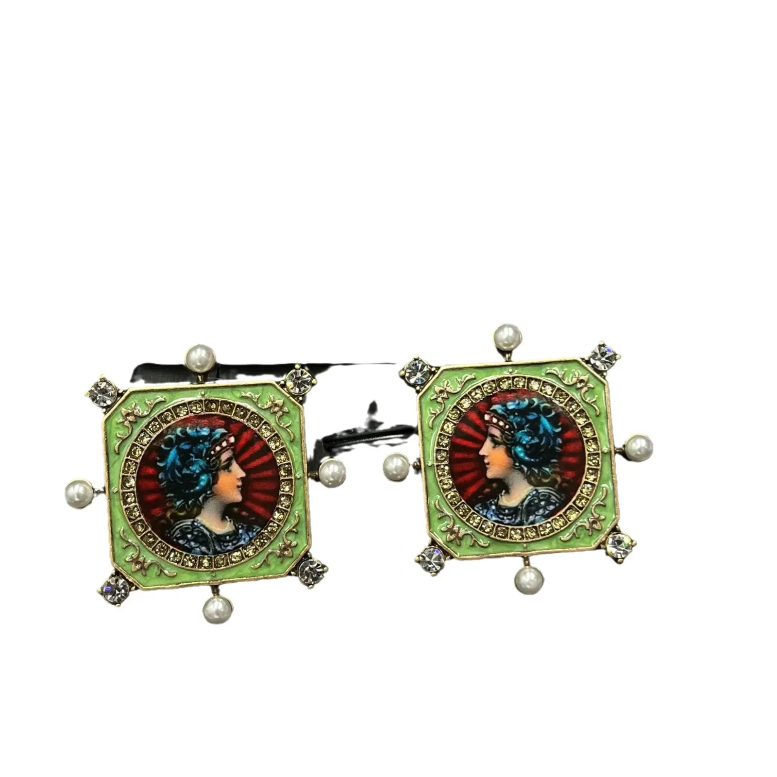European and American Retro Geometric Square European Court Portrait Diamond Earrings Western Style Antique Medieval Earrings