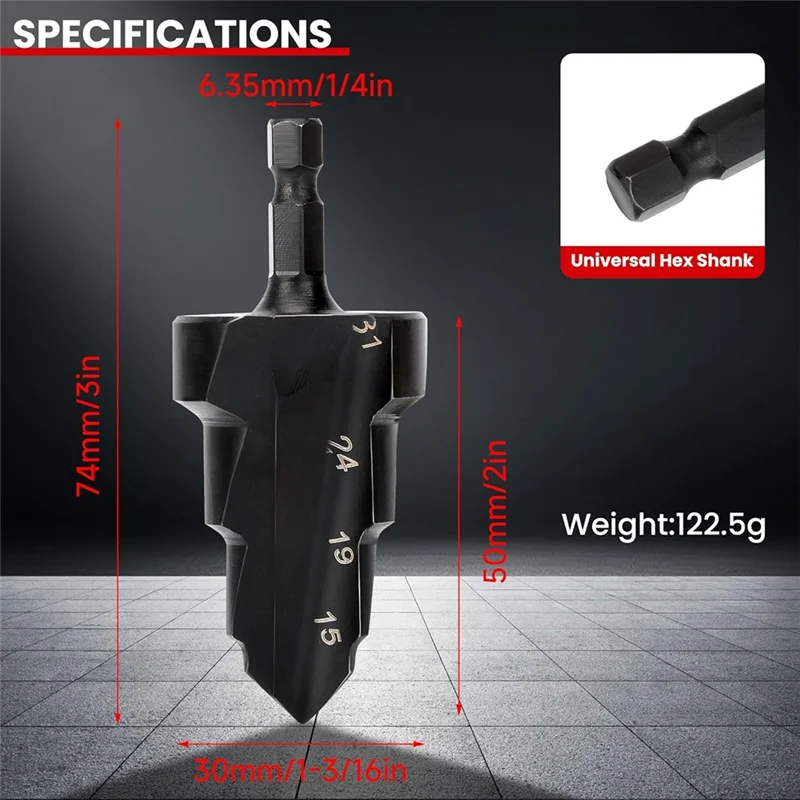 ABDJ-PPR 리프팅 스텝드 드릴 비트 리머 3 in 1 키트 (15~31mm 파이프용) - 1/4 헥스 샹크 퀵 체인지 툴 세트