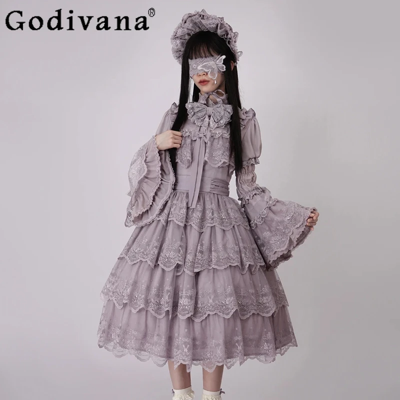 

Elegant Lolita Heavy Industry Flare Sleeves Fashion Versatile Shirt Spring Autumn Girl Square Collar Age Reduction JSK Dress