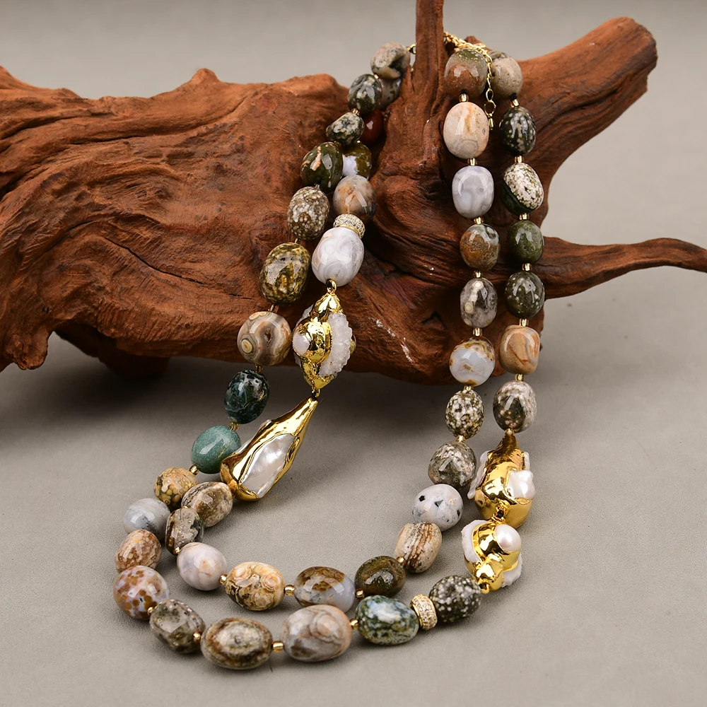 

G-G 2 Rows Natural Ocean Agate Jasper White Biwa Pearl Quartz Druzy Necklace Handmade For Lady