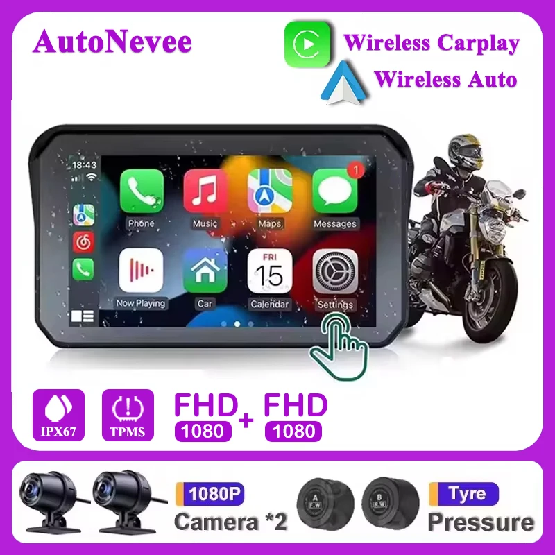 

Android Auto Wireless Apple Carplay 5" Touch Screen Dash Cam WIFI GPS Navigation For Motorcycle Waterproof Display Moto TPMS