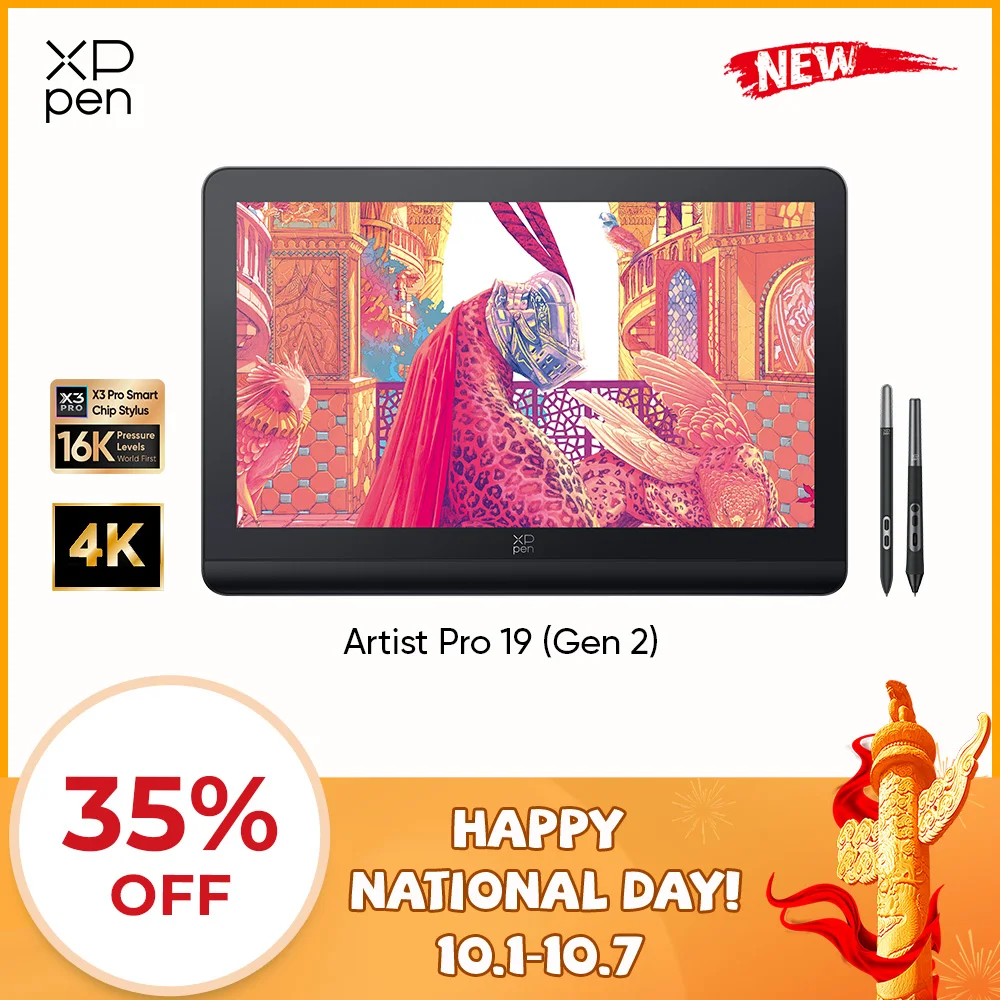 XPPen Artist Pro 19 (Gen 2) 4K Graphics Tablet Monitor with 99.8% sRGB X3 Pro Stylus 18.4 Inch Drawing Display for Windows Mac