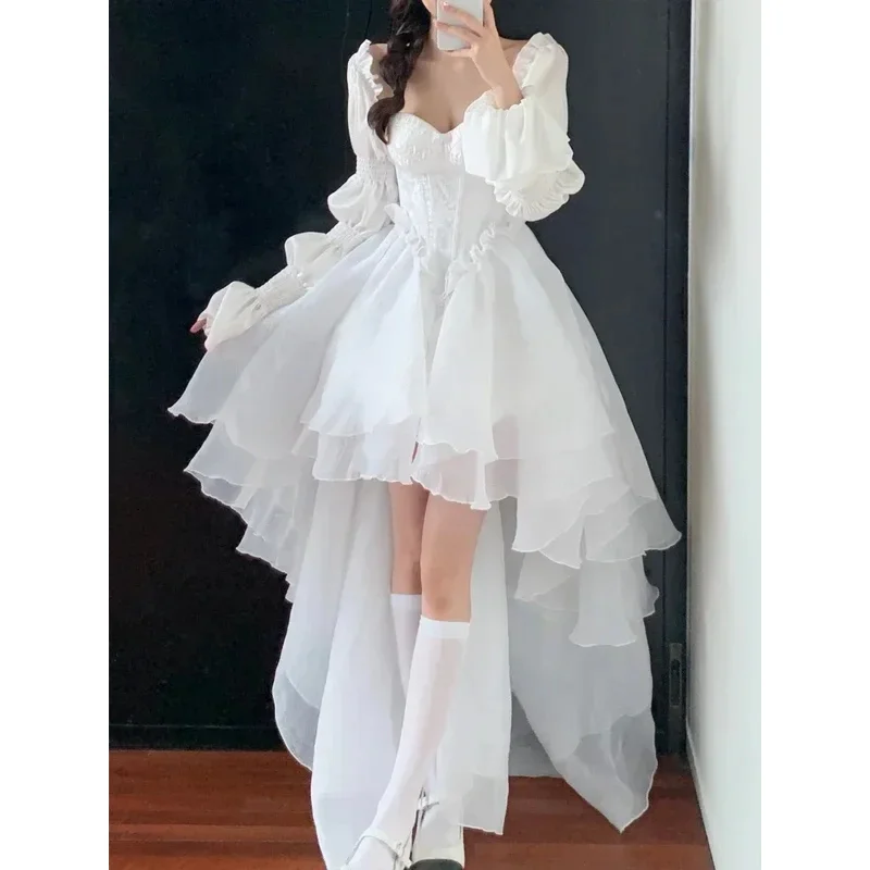 

Cy2025 Fairy Midi Dress Women White Elegant Evening Party Dress Beach 2024 Spring Casual Long Sleeve Fashion Dress Korean
