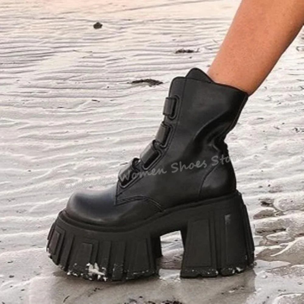 

Thick Bottom Ankle Boot Hook & Loop Genuine Leather Solid Color Round Toe Fashion Luxury Novelty Concise Women Sexy Shoes Newest