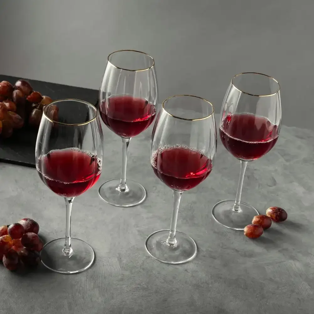 Scalloped Gold Rim Wine Glasses Set of 4, Elegant Stemware Dishwasher Safe for Wedding, Party & Celebrations