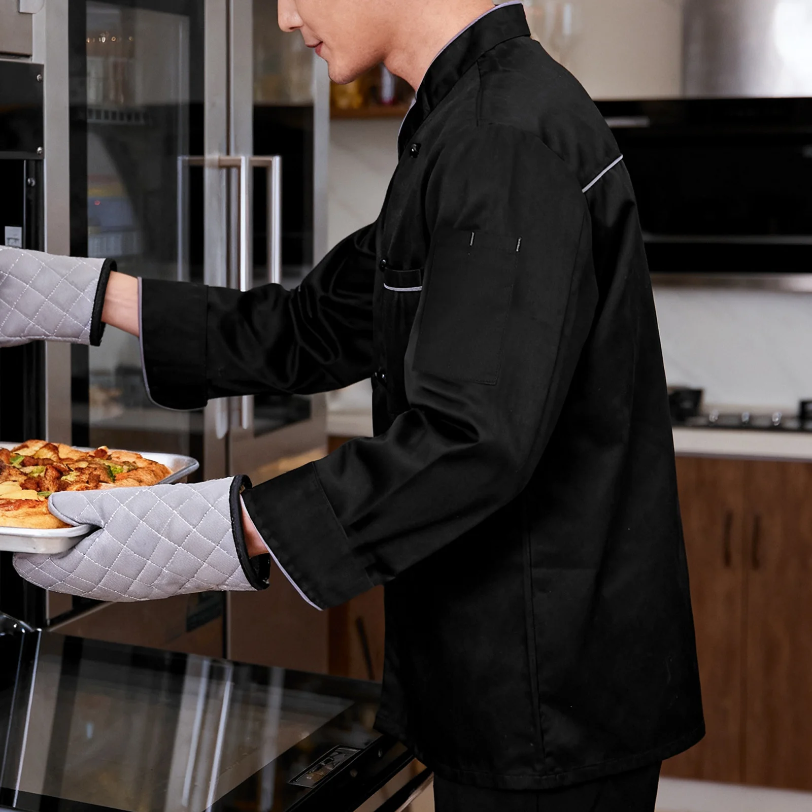 シェフ作業服：長袖ブラックユニセックスキッチンコート、飛沫防止、レストラン、ホテル、バーベキュー、屋外、屋内用