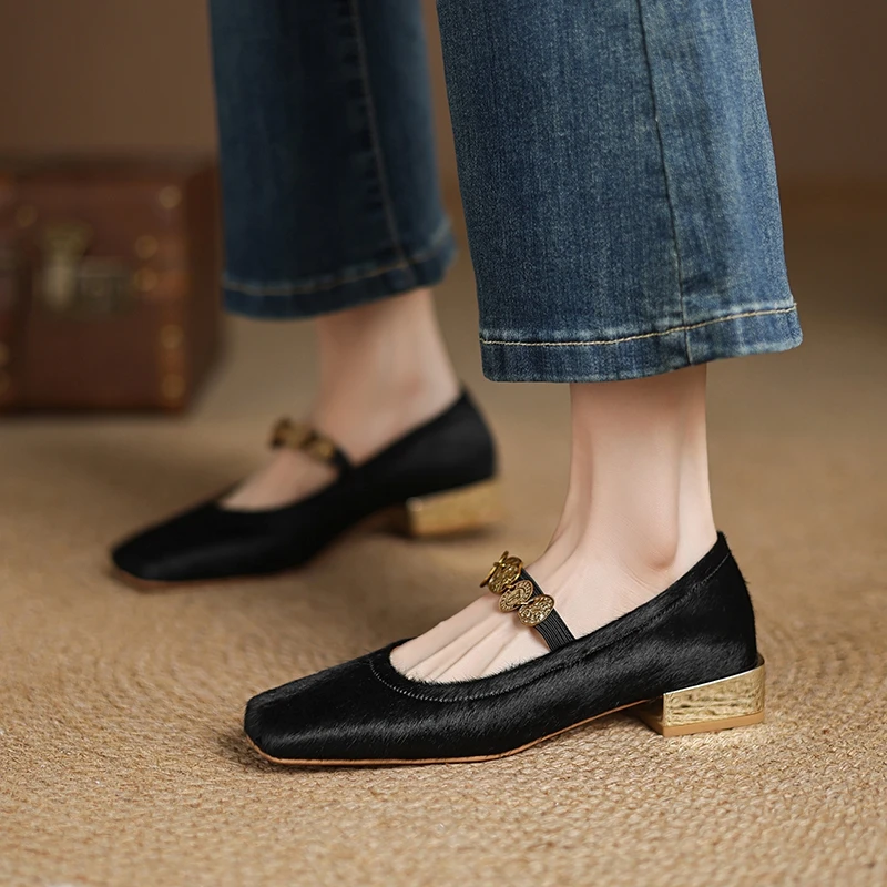 Women's New Spring and Autumn Genuine Leather Horse Hair Leopard Pattern Metal Accessories Low Heel Retro Mary Jane Single Shoes