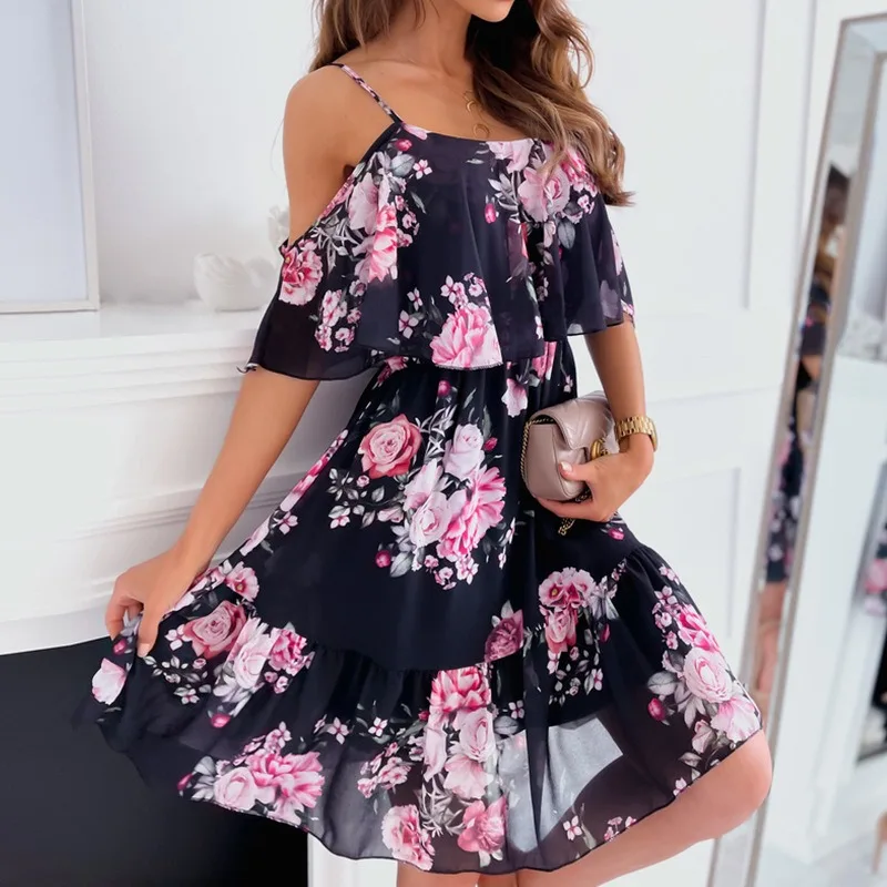 Mandylandy Summer Camis Dress Women Short Sleeve Causal Sexy Dress Chiffon Floral Printed Off-the-Shoulder Strap Sexy Dresses