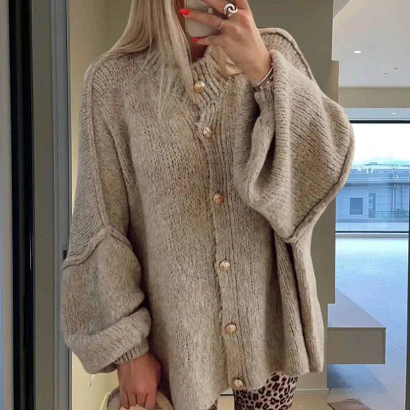 Vintage Chic Loose Sweater Women O-neck Lantern Sleeve Single Breasted Cardigans Autumn Winter Casual Coat Office Lady Knitwears