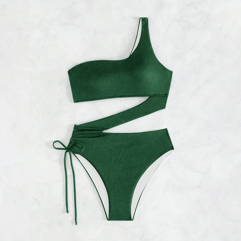 sexy ribbed plain swimsuits one piece irregular one shoulder hollow women's bikinis swimwear bathing suit beach outfits bodysuit