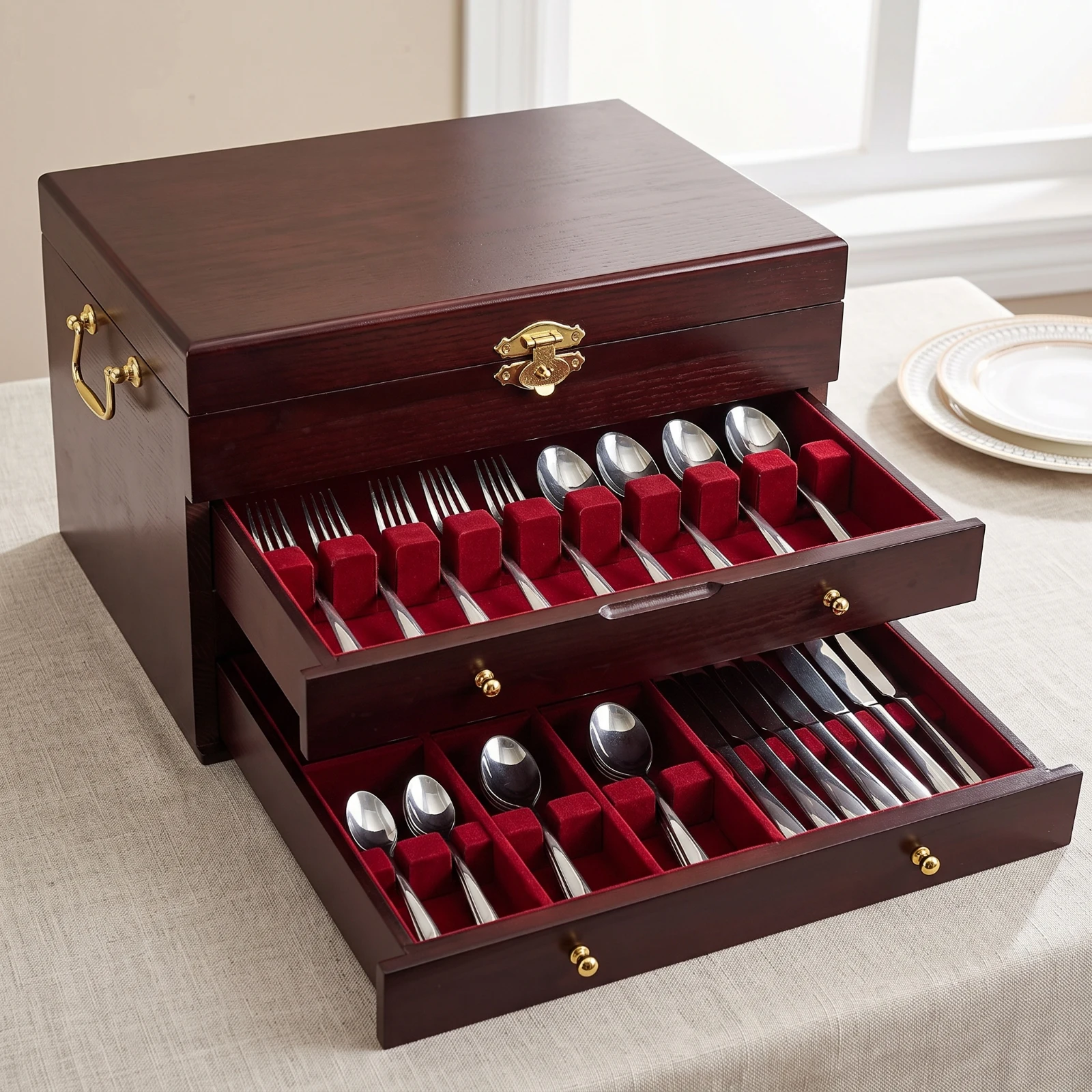 Silverware Chest with Velvet Velvet Lining Polished Silverware Chest with Lid Cutlery Box Felt-Lined Flatware Storage Box With