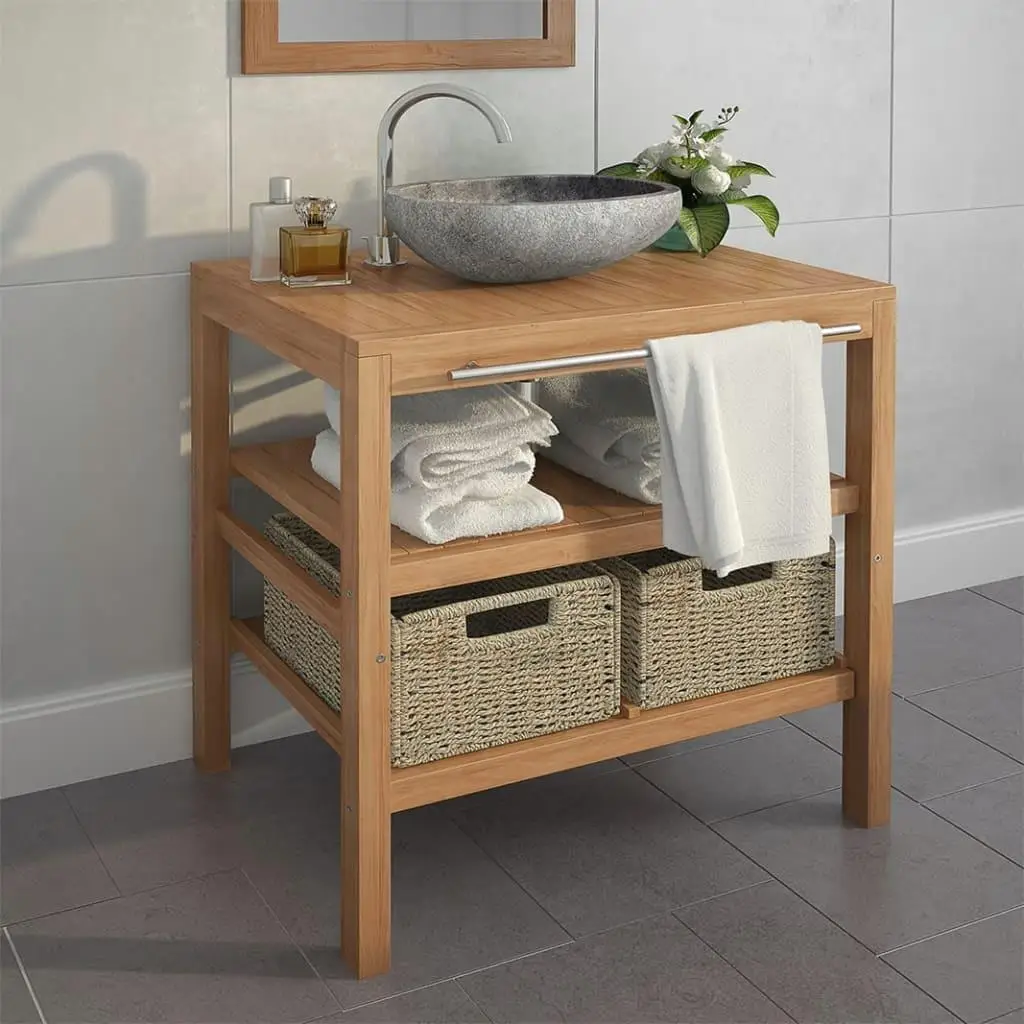 Solid Teak Bathroom Vanity Cabinet with 2 Baskets - 29.1 x 17.7 x 29.5 Inches