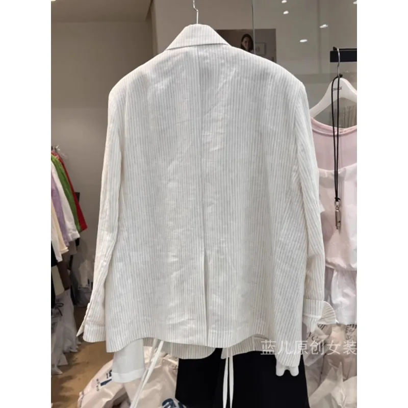 SuperAen Traje vintage a rayas para mujer Verano 2025 Algodón y lino Protección solar Abrigo suelto informal a medida