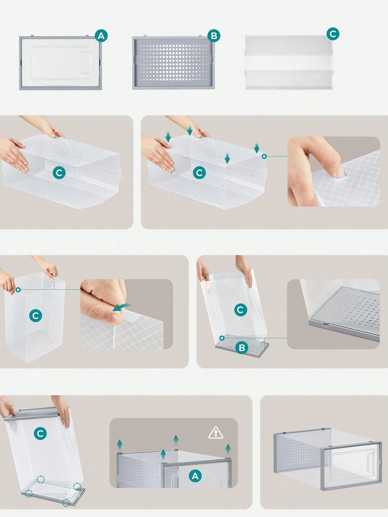 SONGMICS 18 scatole per scarpe impilabili, pieghevoli, adatte fino al regno unito taglia 11, trasparente/grigio