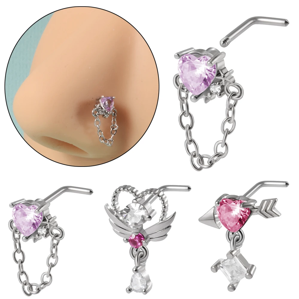

1PC Stainless Steel Cz Nose Ring Crystal Heart Dangle L Shape Nose Bone Ring Studs Piercing Body Jewelry 20G