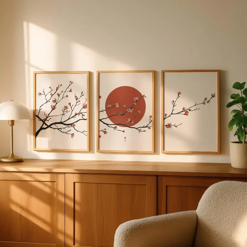 3pcs frameless Canvas Painting 3PCS Japanese Cherry Blossom Wall Art, Sakura Branch with  Sun Poster, Canvas Print Posters, Suit
