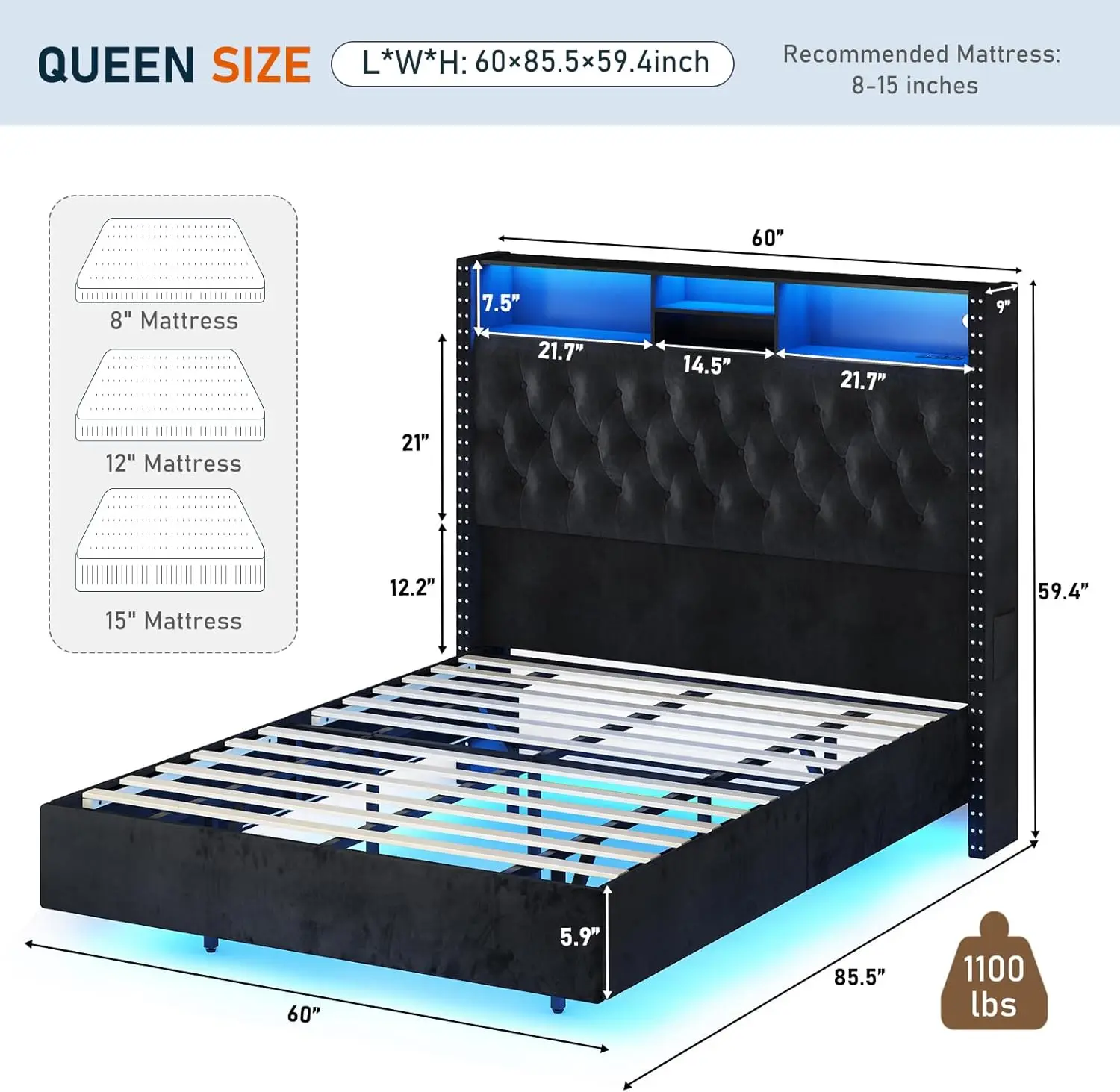 59.4'' Tall Headboard Velvet Upholstered Queen Platform Bed with LED Lights Charging Station, Deep Button Tufted, No Box Spring