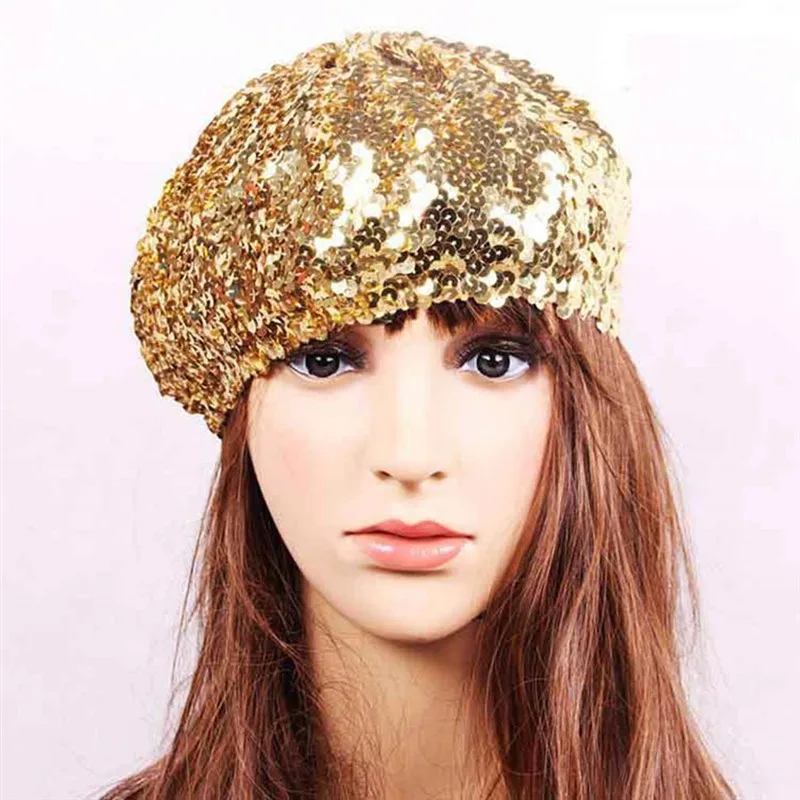 Stylish Newly Fashion Ladies Girls Sequins Shinny Beret Hat Party Dance Disco Caps 7 Colors Bling Solid Color Women Accessories