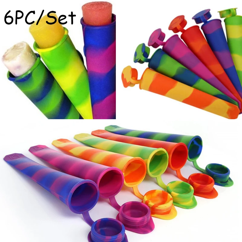 6PC Rainbow Silicone Ice Tube Mold Push Up Frozen Stick Cream PopYogurt Jelly Lolly Maker Mould Popsicle Moulds Ice Cream Scoop