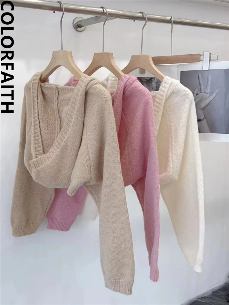 Colorfaith SWC5491JX New 2023 Hooded Korean Fashion Knitted Poncho Women Autumn Winter Elegant Vintage Short Cardigans Pink Tops