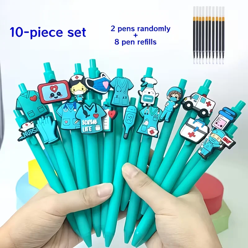 

10PCS back-to-school season medical doctor-themed series, various retractable ballpoint pens, random color, 2 pens + 8 refills