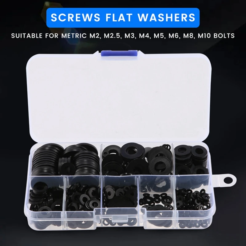 

480 Pcs Nylon Flat Round Washers Gaskets Spacers Assortment Set For Screw Bolt(Black)