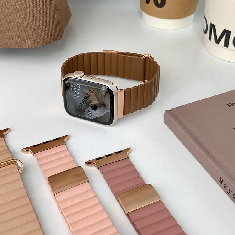 Leather Magnetic Strap for Apple Watch 10 Ultra Band 46mm 42mm 49/44mm 40mm 41mm 45mm Women Loop Bracelet iWatch Series 9 8 SE 7