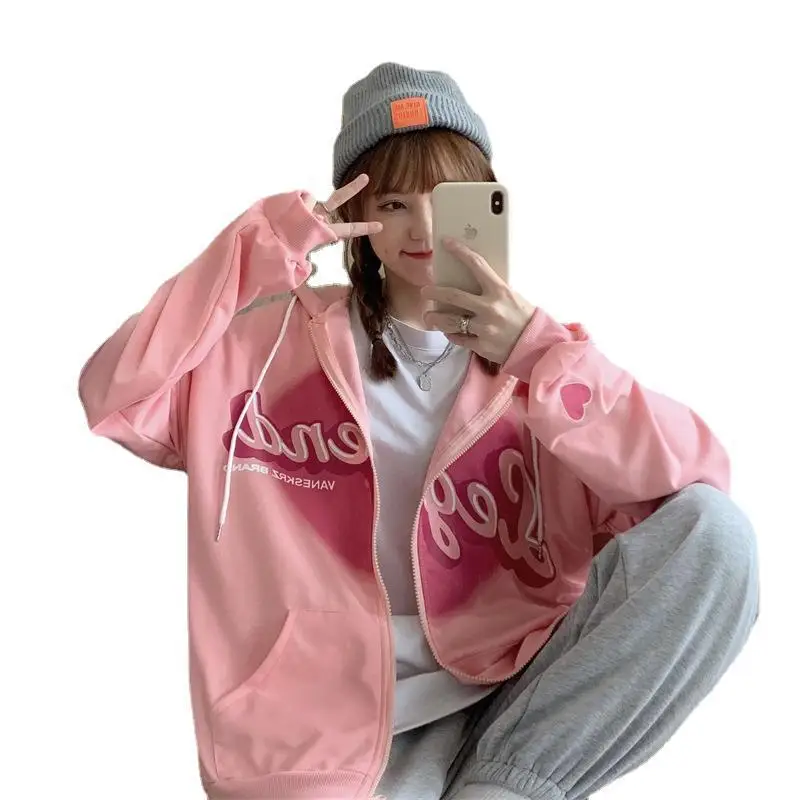 2025 가을 신상 가디건 긴팔 후드 스웨트셔츠 여성용 얇은 디자인 하트 레터 프린트 루즈핏 탑 여성 의류