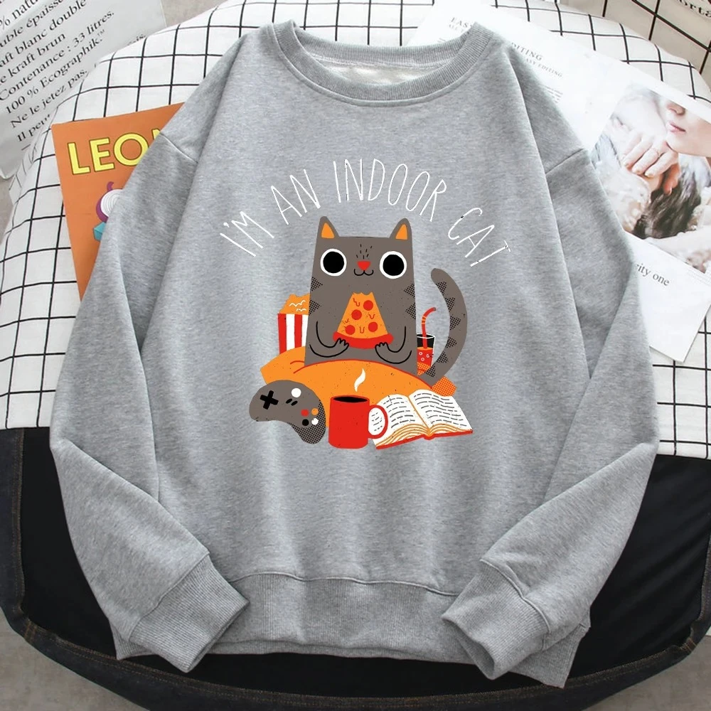 เสื้อสเวตเตอร์ผู้หญิงลายแมวทานพิซซ่า พิมพ์ลายฮู้ดดี้ สวมใส่สบาย ทรงหลวม คอกลม แขนยาว