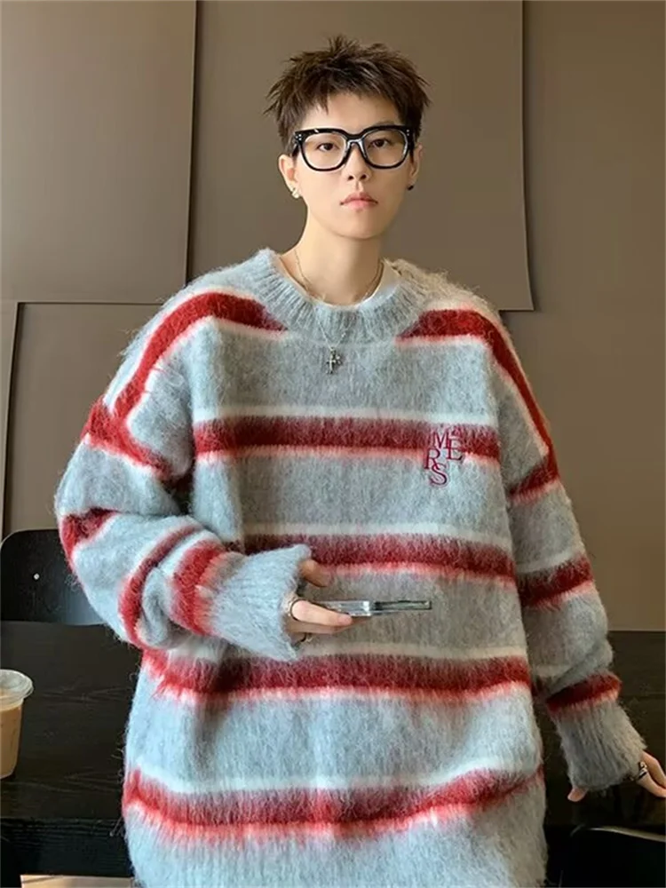 

Мужской вязаный свитер свободного кроя в американском стиле с круглым вырезом и искусственным мехом, мягкий и уютный пуловер для пар, зимняя верхняя одежда