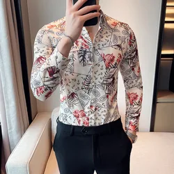 Plus Size M-6XL High Quality Printed Shirts Brand Clothing Men Designer Social Tuxedo Slim Long Sleeve Baroque Slim Party Shirt