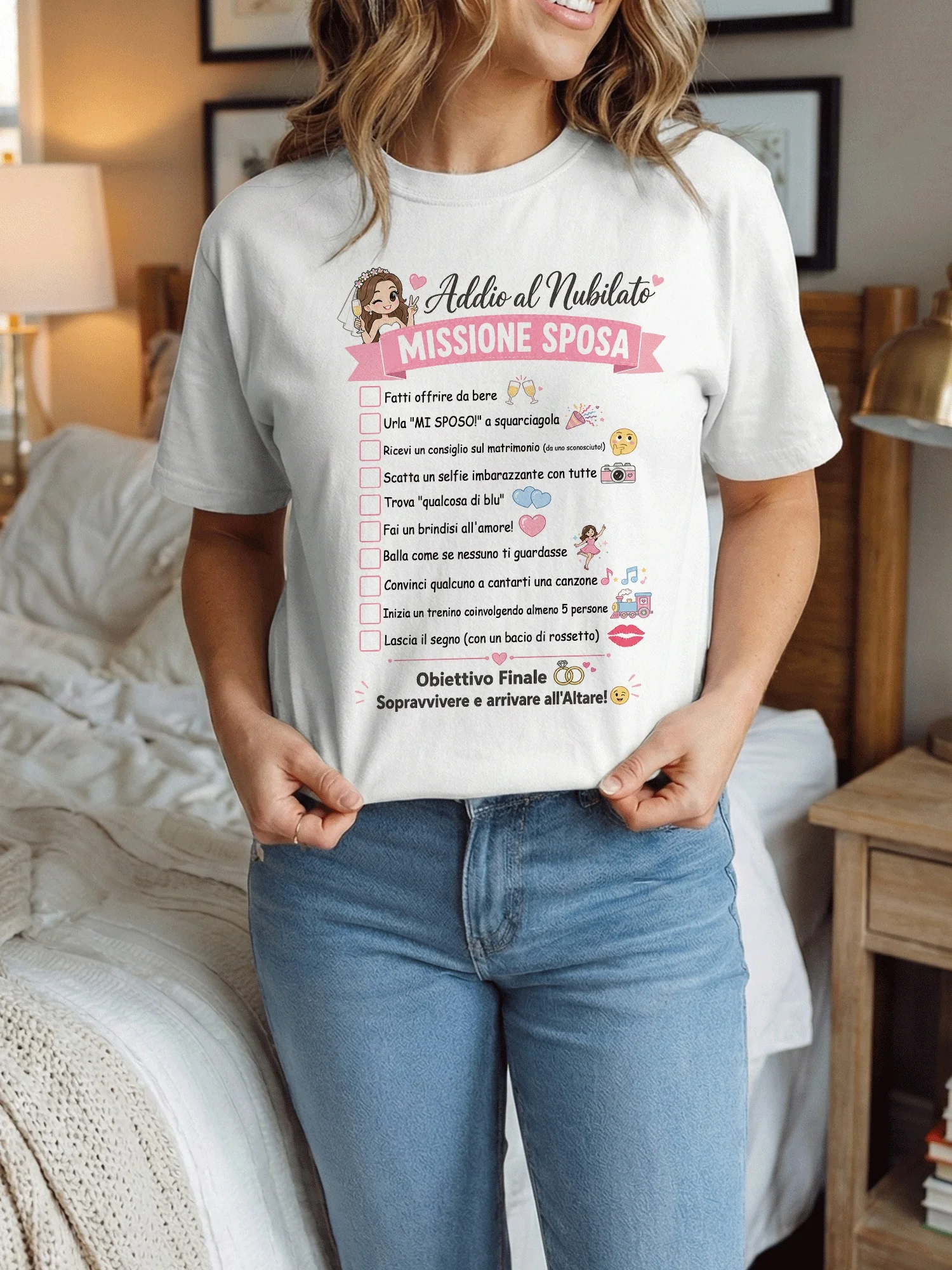 

Funny Italian Bride Squad Bachelorette Party Shirt Addio al Nubilato Scavenger Hunt Game Checklist Tee for Bride to Be Matching