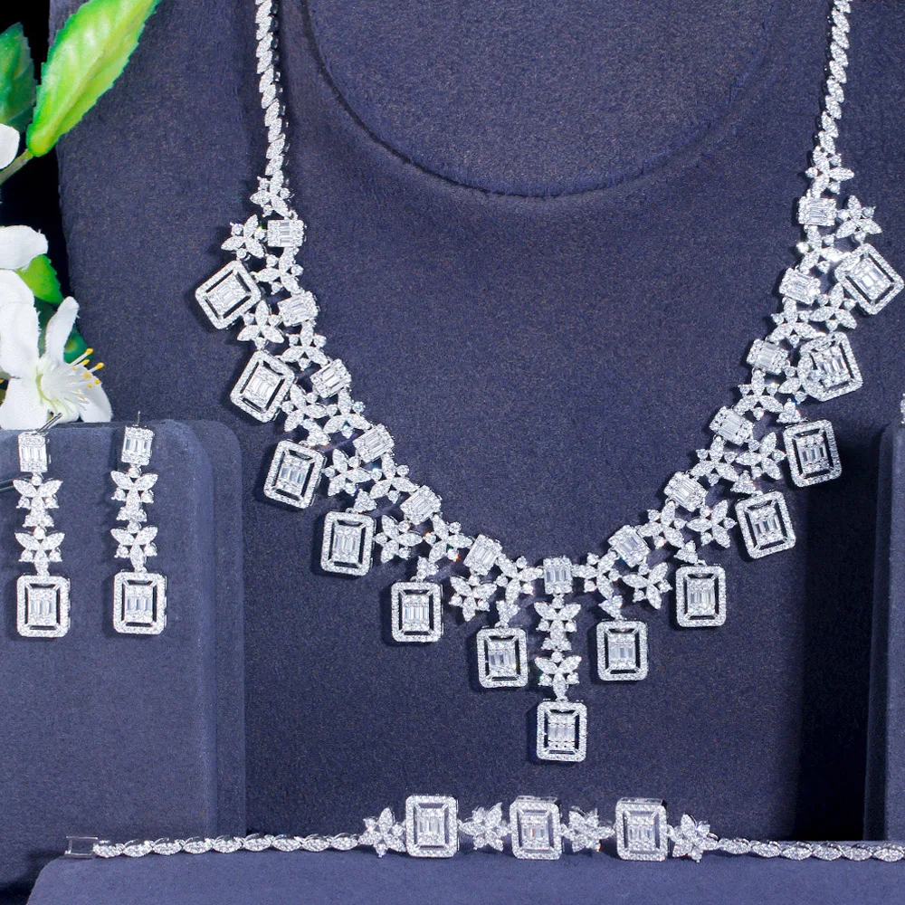 Pera Prominent 4Pcs Bridal Wedding Jewelry Set Cubic Zircon Tassel Square Pendant Necklace Earrings for Women Fashion Brand J529