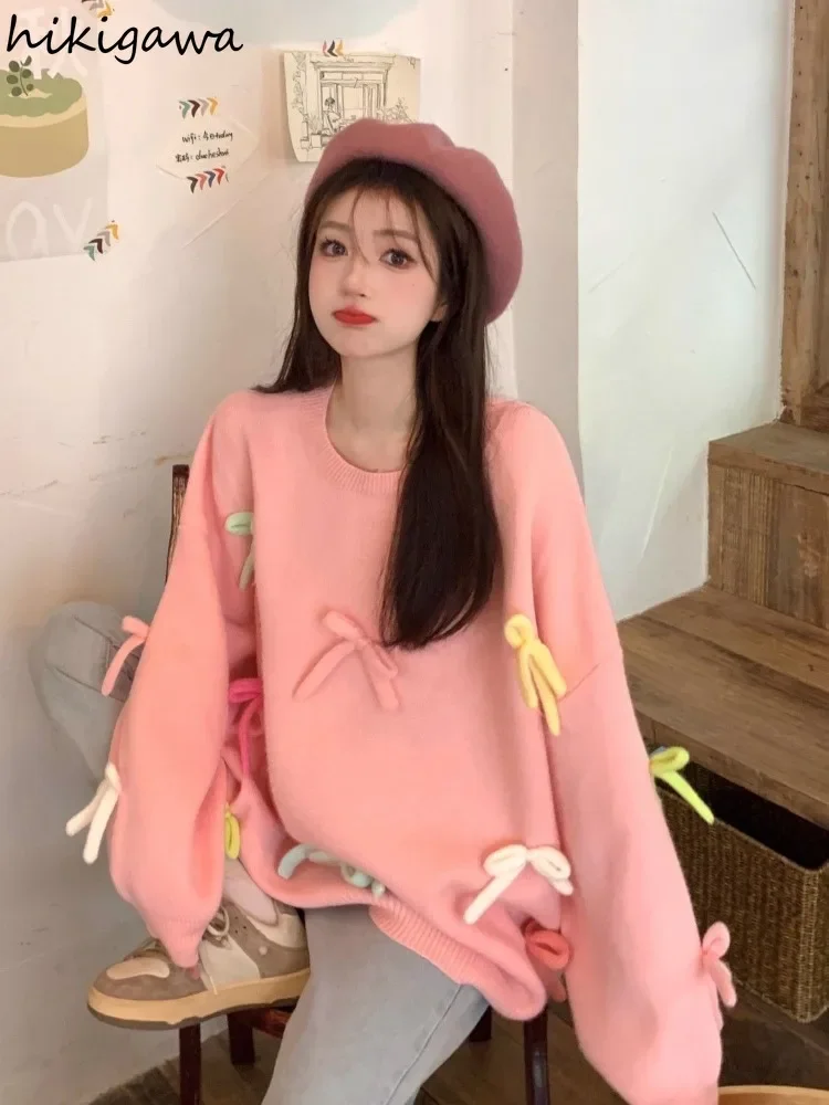 Sweet Oversized Sweater 2024 Women Clothing O-neck Fashion Jumper Pull Femme Casual Knitting Pullovers Y2k Tops Sueter Mujer