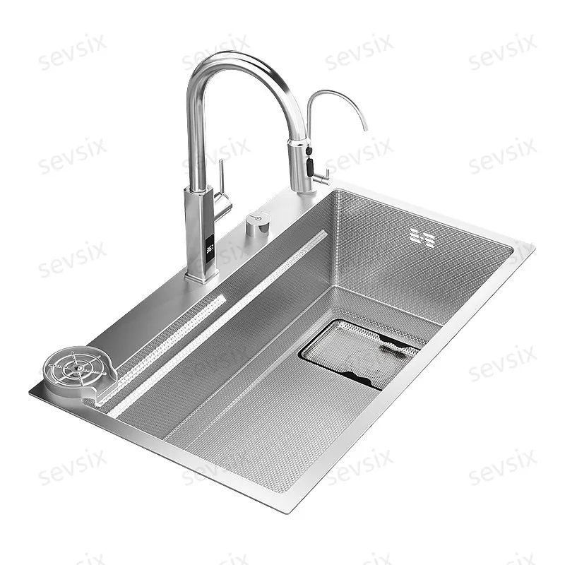 

304 Stainless Steel Commercial-Grade Nano Sink - Honeycomb Texture Anti-Condensation Layer Pull-Out Sprayer Left-Side Drain