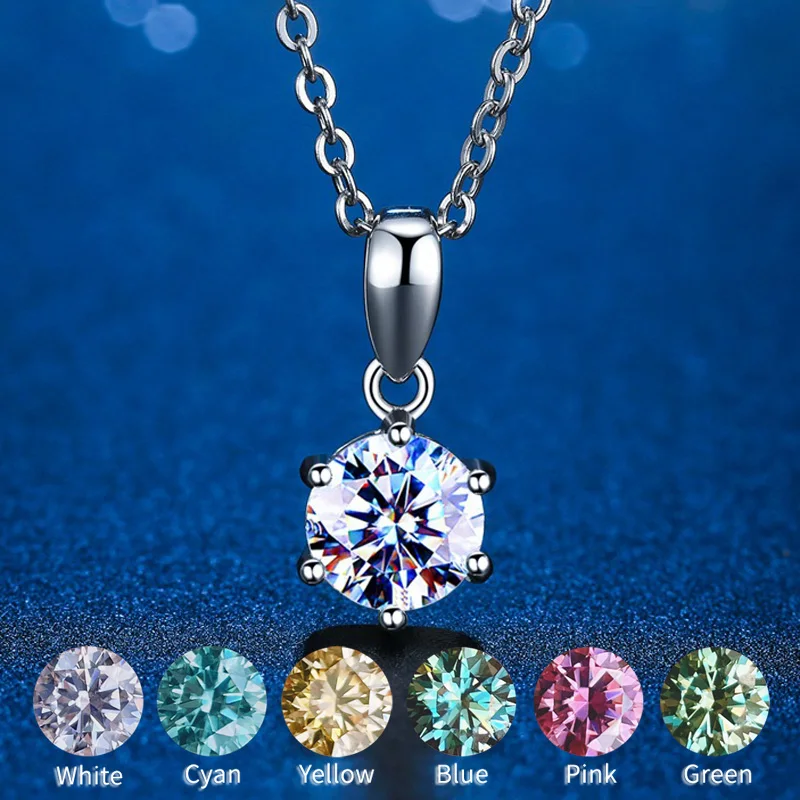 

100% Real Moissanite Necklace Length 40-45CM 1CT 2CT Diamond Pendant Blue Pink Red Yellow Green Gemstone S925 Silver For Women