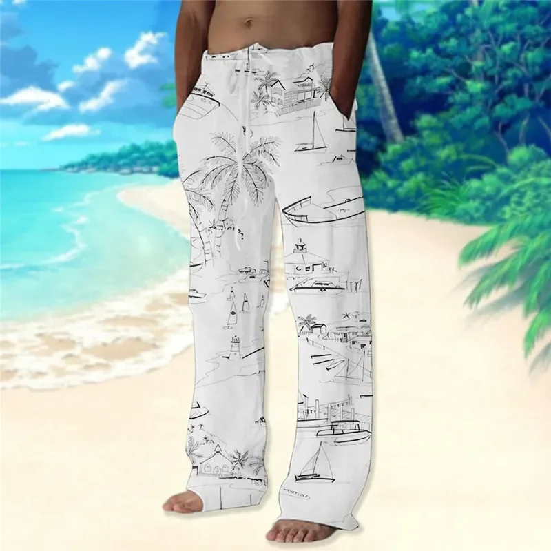 

Coconut Beach Print Men's Casual Pants Summer Fashion Handsome Wide Leg Pants Daily Comfortable Casual Trousers Hawaii