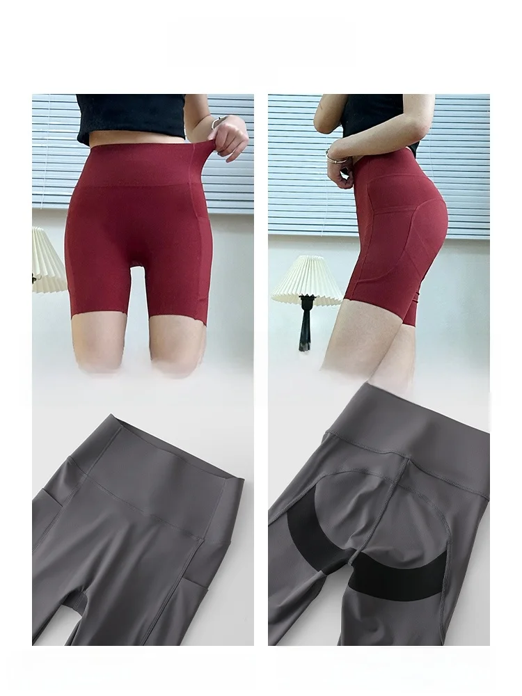 ملابس يوجا عالية الخصر للسيدات ملابس رياضية صيفية مناسبة للتحكم في البطن تصميم كيت جانبي عالي الخصر من النايلون اللدنة