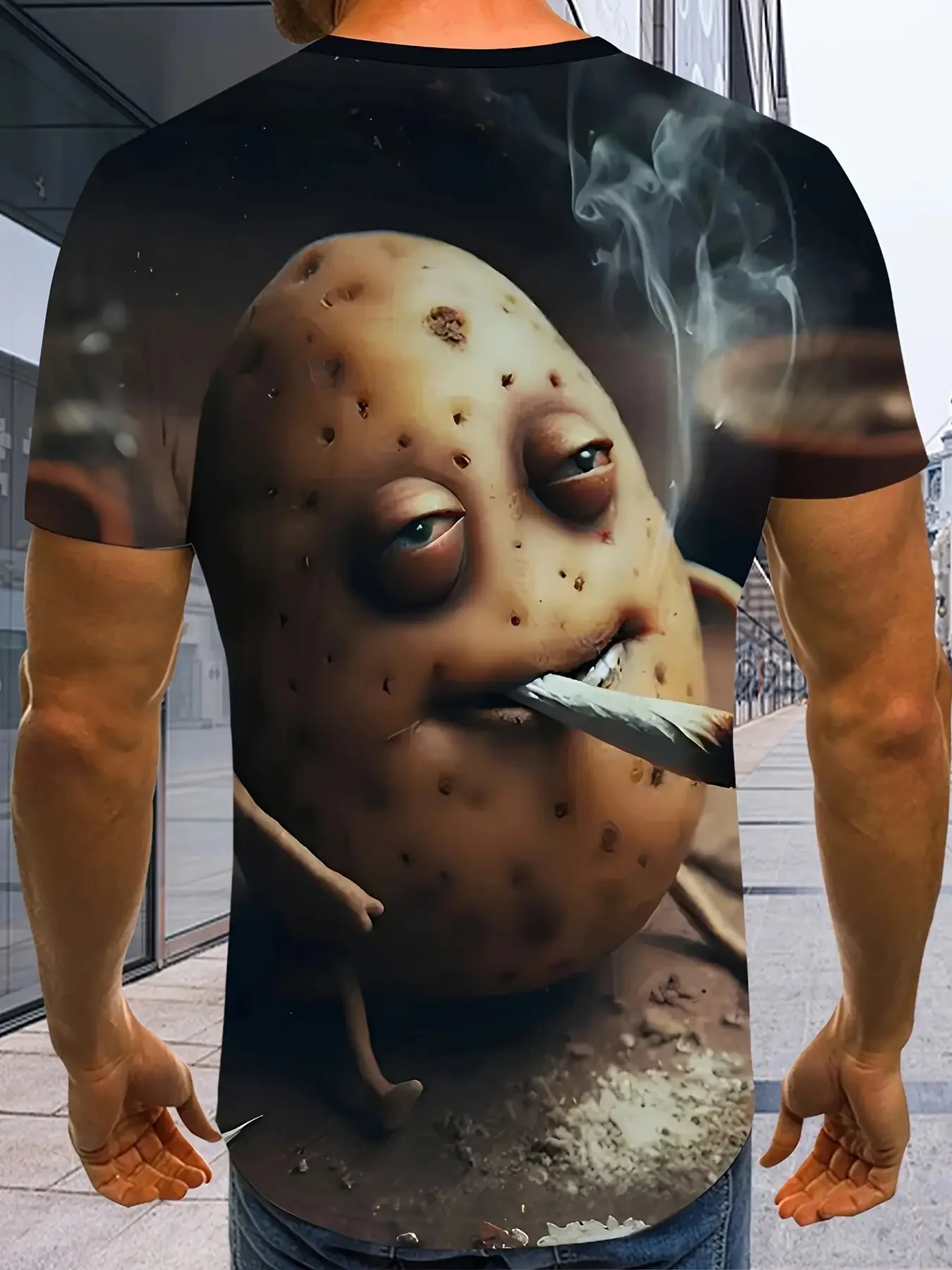 Men's Crew Neck Tee 3D Cartoon Smoking Potato Character Dark Background Print Casual Tops