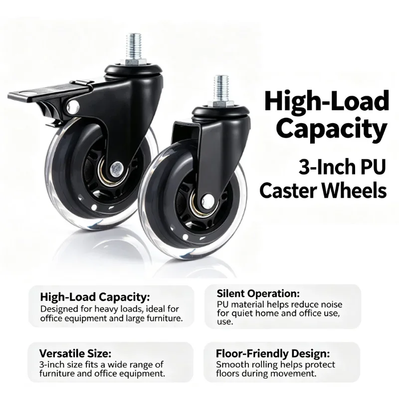 (4 Pack) Silent 3-Inch Universal PU Casters Compatible with Office Chair Gaming Chair Computer Chair M8/M10 Threaded Rod