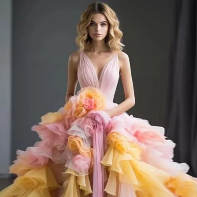 Fairy Ruffled Flower Ball Gown Prom Dresses Multi-colors Tiered Organza Formal Gown Colorful Bridal Wedding Party Dress Custom