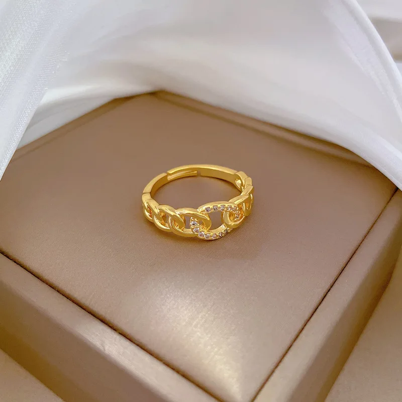 2024 Stainless Steel Luxury Zircon Chain Link Rings For Women\'s Adjustable Jewelry Finger Gold Plated No-Fading Birthday Gift
