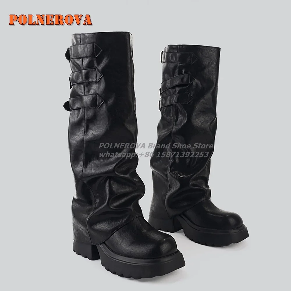

Черные ботинки с пряжкой на ремне и круглым носком на танке, плиссированные ботинки до середины икры в темном стиле, 2024, новые поступления, мотоциклетные ботинки в стиле панк