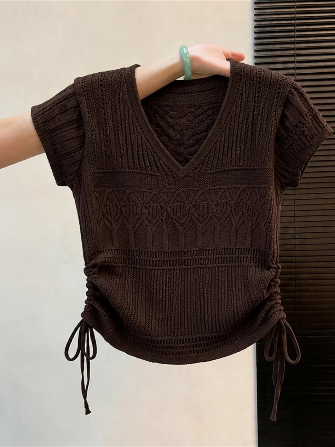 

Commute Style V-Neck Short Sleeve Hollow out Knitwear Drawstring Waist Slimming Top Summer Retro Casual Shirt Korean Version