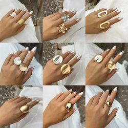 HUANQI Exaggerated Geometric Flower Metal Chunky Rings for Women Girls Simple Irregular Adjustable INS Fashion Vintage Jewelry