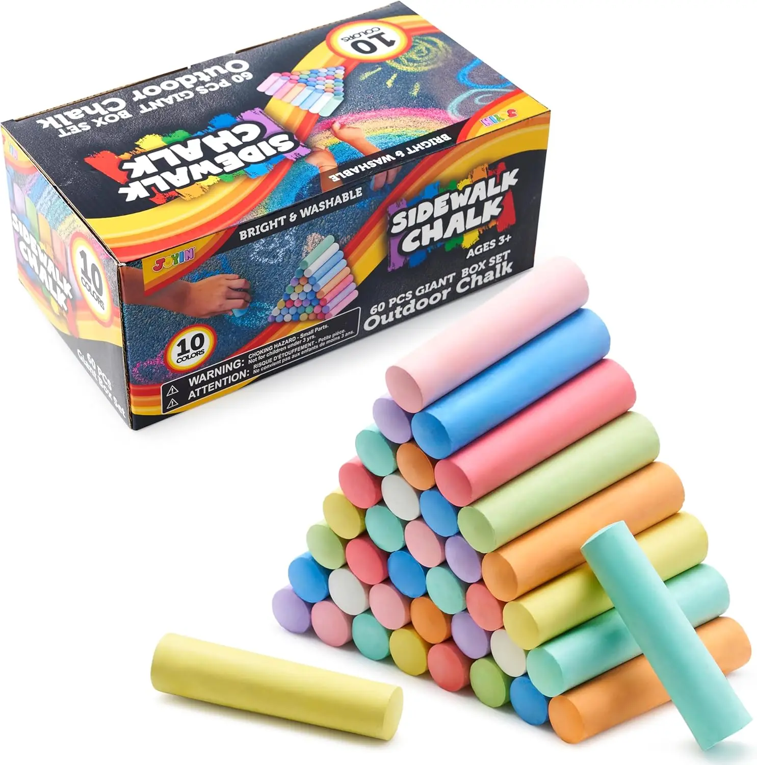 

60 Pcs Sidewalk Chalk Set, 10 Colors Non-Toxic Washable Jumbo Chalk for Outdoor Art Playground Toy
