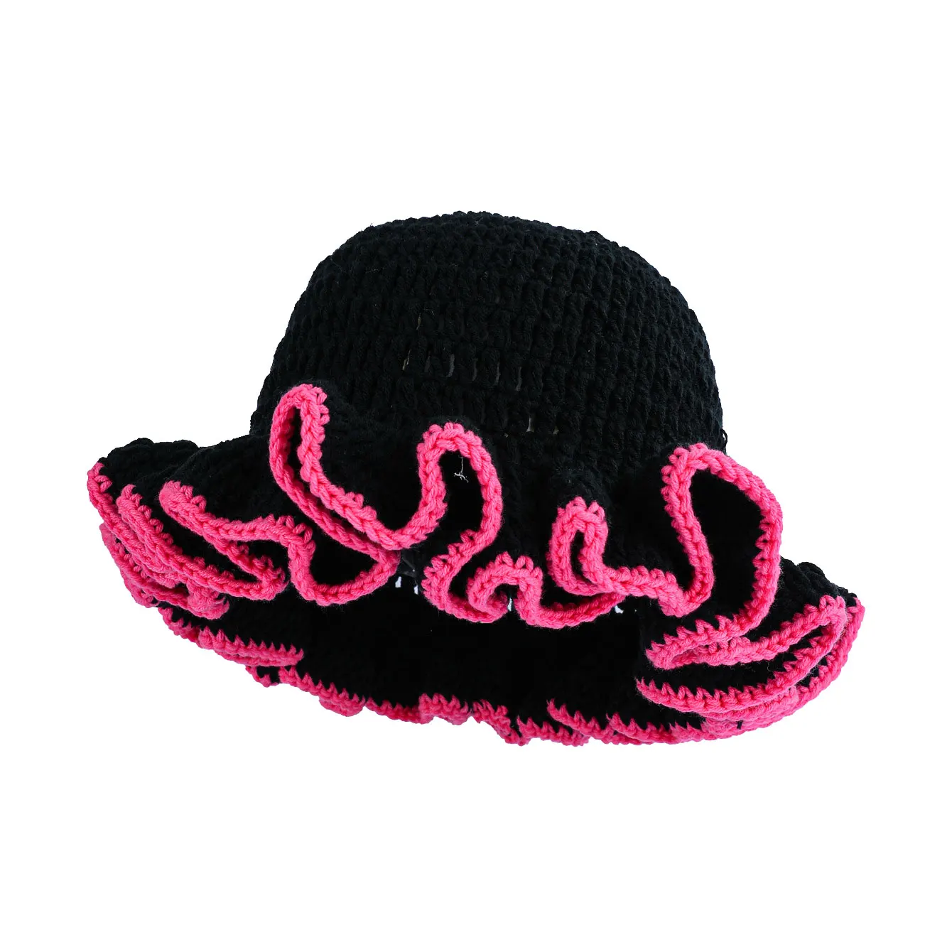 Women's Ruffled Knit Hat, Solid Color Fluffy Bucket Hat, Hollow-Out Handmade Crochet, Two-Tone Lace Design Fisherman's Hat, Suitable for Autumn and Winter Warm Knit Hats