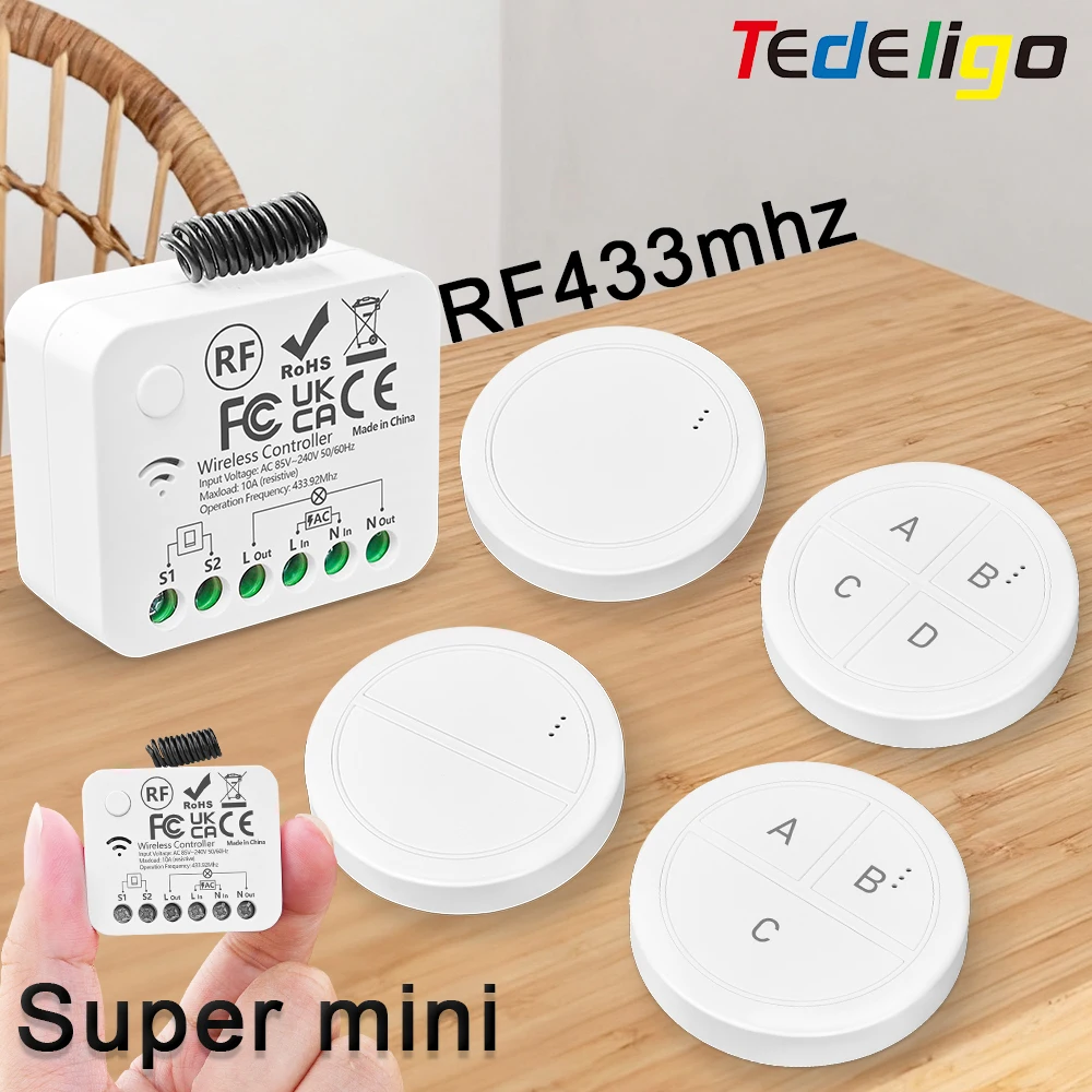 

433Mhz Wireless Remote Control Light Switch 220V 110V 10A 2Way Control Mini Moudle with Delay Function for Home Lamp Led Fan